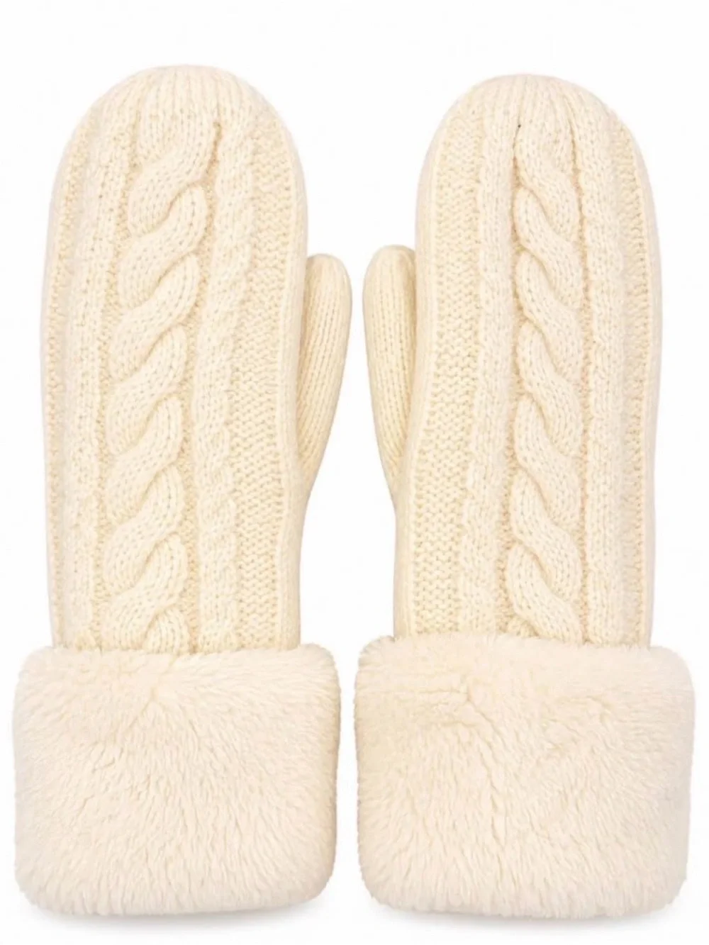 Source Unknown Cream Cable-Knit Faux Fur Cuff Mittens
